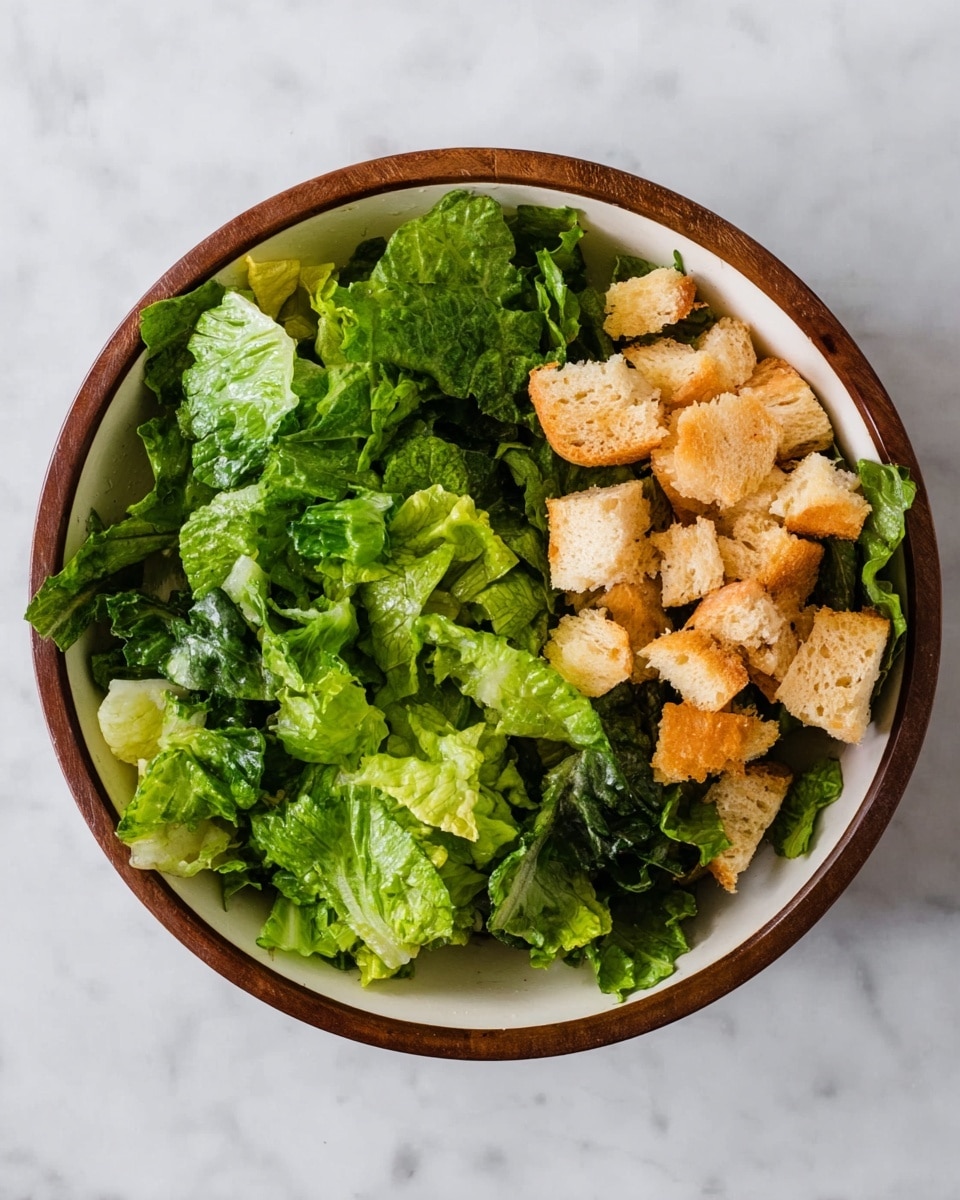A white bowl with a dark wood rim sits on a white marbled surface, filled with a fresh salad. The bottom layer is made of dark green leafy lettuce that takes up most of the bowl. On top of the lettuce, one side has a pile of light brown bread croutons, which look crispy and uneven in size. The combination of green leaves and tan croutons creates a simple, fresh look. photo taken with an iphone --ar 4:5 --v 7