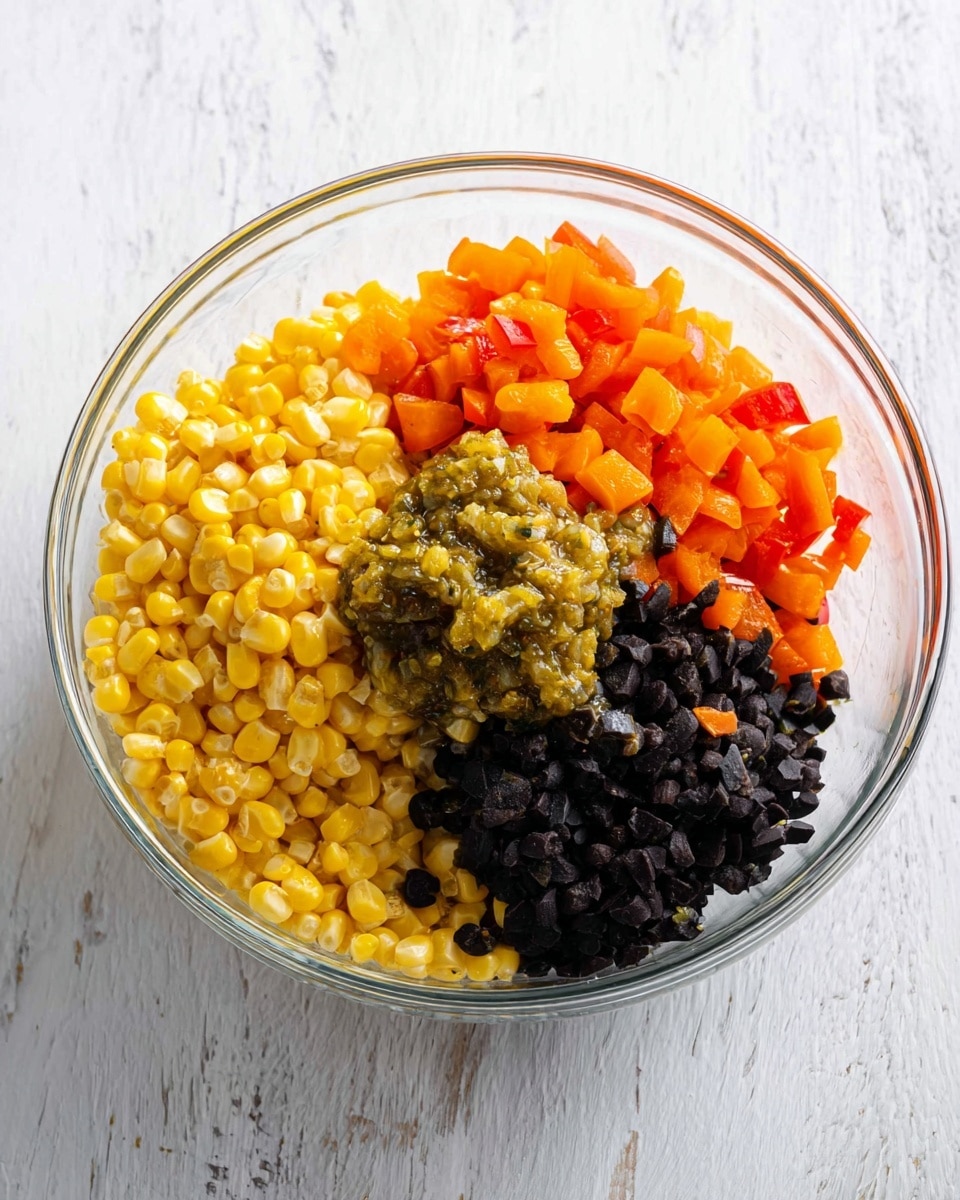 A clear glass bowl on a white marbled surface holds four distinct layers of ingredients. The bottom left section is filled with bright yellow corn kernels, smooth and shiny. The bottom right section has finely chopped black olives, dark and matte. The top left section contains small diced red and orange bell peppers with a soft texture. At the center, there is a dollop of green salsa with chunks of vegetables and a slightly wet texture. Photo taken with an iphone --ar 4:5 --v 7