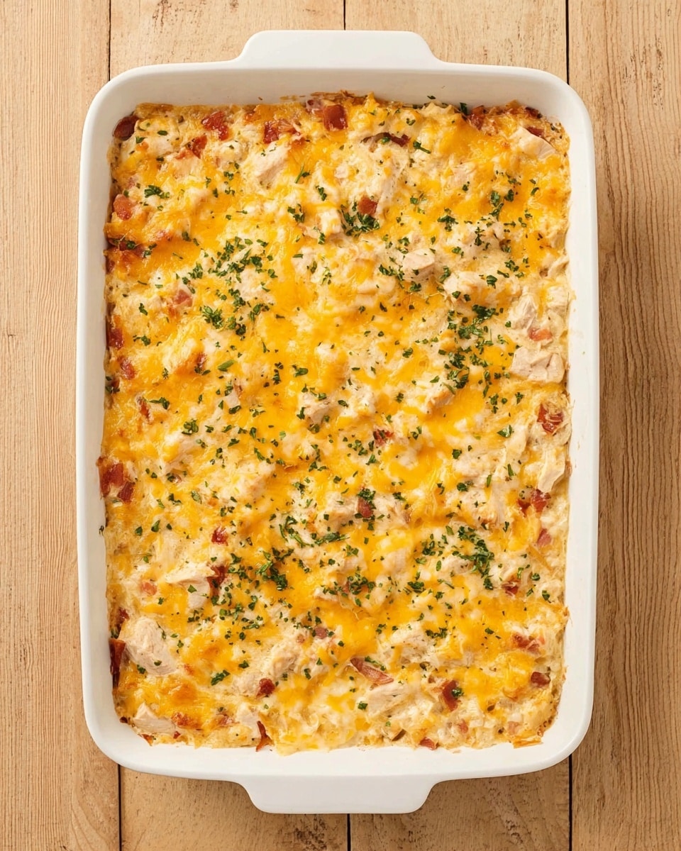 The image shows a white rectangular baking dish filled with a cheesy casserole. The top layer is covered with melted yellow and white cheese, sprinkled with chopped green herbs. Visible under the cheese are small chunks of white cooked meat evenly spread throughout. The base layer beneath the cheese and meat looks creamy with bits of red, likely diced tomatoes, giving hints of orange and pink colors mixed throughout. The dish is placed on a light wooden surface with a natural grain texture. photo taken with an iphone --ar 4:5 --v 7