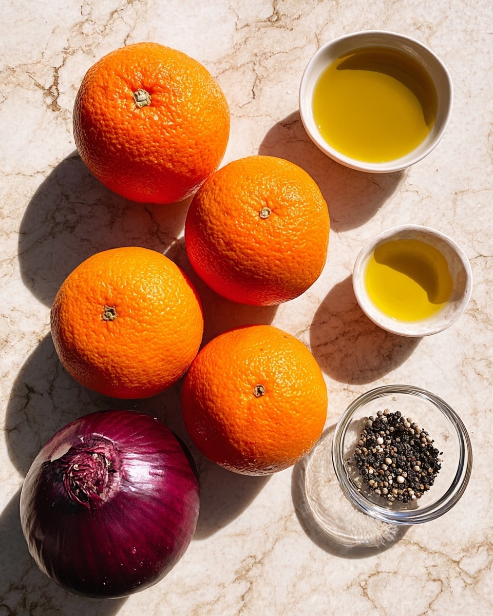 The image shows five bright orange oranges arranged on a surface, with a small white bowl filled with yellow olive oil placed near the top right. Below the olives is a red onion with deep purple color and dry outer skin, and near the bottom right, a small clear glass bowl holds black pepper. The background has been changed to a white marbled texture. The lighting creates soft shadows around the items, adding depth to the image photo taken with an iphone --ar 4:5 --v 7