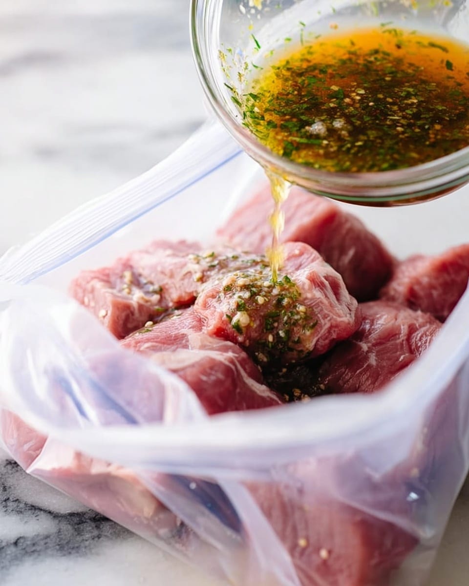 The image shows a close-up of raw pink meat pieces stacked inside a clear plastic ziplock bag. Above the bag, a woman's hand holds a small clear glass bowl pouring a green and orange sauce with visible herbs over the meat. The background is a white marbled texture, and the plastic bag is slightly crinkled and transparent, showing the meat's texture beneath. Photo taken with an iphone --ar 4:5 --v 7