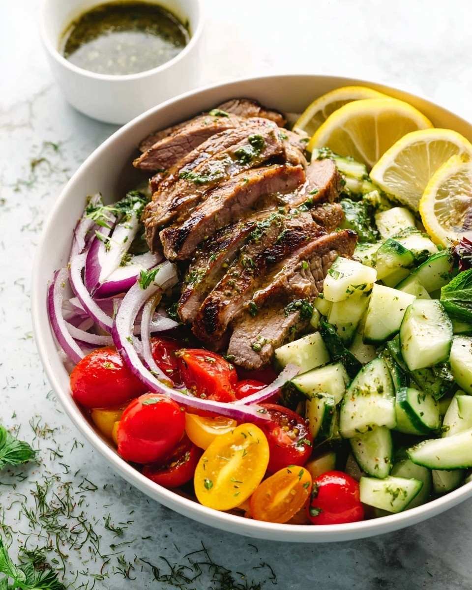 In a white bowl on a white marbled surface, there is a fresh salad with three layers: the bottom layer is made of green cucumber chunks and red cherry tomato halves scattered with thin slices of white onion; the middle layer has lemon wedges and leafy greens adding brightness; the top layer features several pieces of grilled sliced turkey, showing grill marks and a juicy texture. A woman's hand is pouring a green herb dressing from a clear glass bowl over the salad, with visible herbs floating in the dressing. photo taken with an iphone --ar 4:5 --v 7