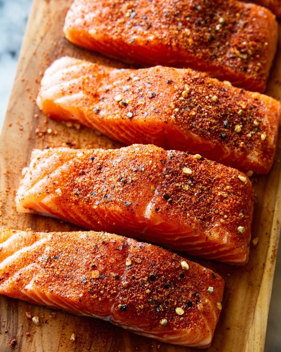 There are five raw salmon fillets laying side by side on a wooden surface, each covered with a layer of dry spices that are red, black, and brown. The salmon pieces have a bright orange color with visible lines of white fat, and the spices create a rough texture on top. The background surface is a white marbled texture. photo taken with an iphone --ar 4:5 --v 7