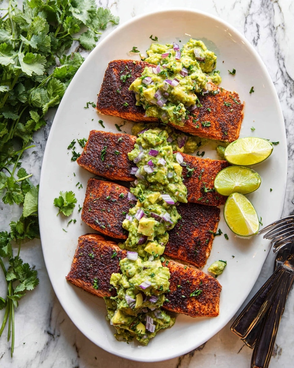 Four pieces of cooked salmon fillets with a dark spicy crust are placed side by side on a white oval plate. Each fillet has a rough scoop of fresh green avocado salsa mixed with small pieces of purple onion and herbs on top. On the right side of the plate, there are three lime wedges with bright green skin and light yellow fruit. Fresh green cilantro leaves are used as garnish around the plate. The plate is on a white marbled surface with more cilantro leaves and a dark fork and knife set nearby. photo taken with an iphone --ar 4:5 --v 7
