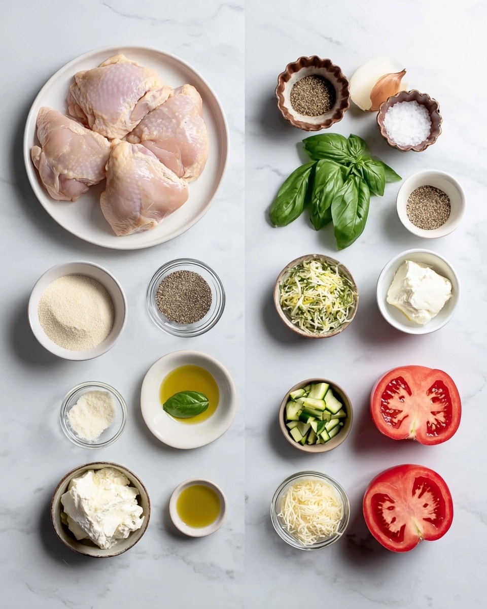 The image shows several ingredients arranged neatly on a white marbled surface. On the left, three raw chicken pieces rest on a white plate, above it is a small white dish with garlic powder, and below it is another small white dish with kosher salt and pepper. On the right side, there are small white and clear bowls containing different ingredients: Italian seasoning in a brown fluted cup, salt and pepper in a small white bowl, olive oil in a small clear glass bowl, cream cheese on a white small plate, fresh basil leaves in a white bowl, chopped garlic in a brown fluted cup, shredded parmesan cheese in a small clear bowl, grated zucchini in a glass bowl, three shallots without skins, and two halves of red Roma tomatoes, all placed on the white marbled surface in a spaced layout. Photo taken with an iphone --ar 4:5 --v 7