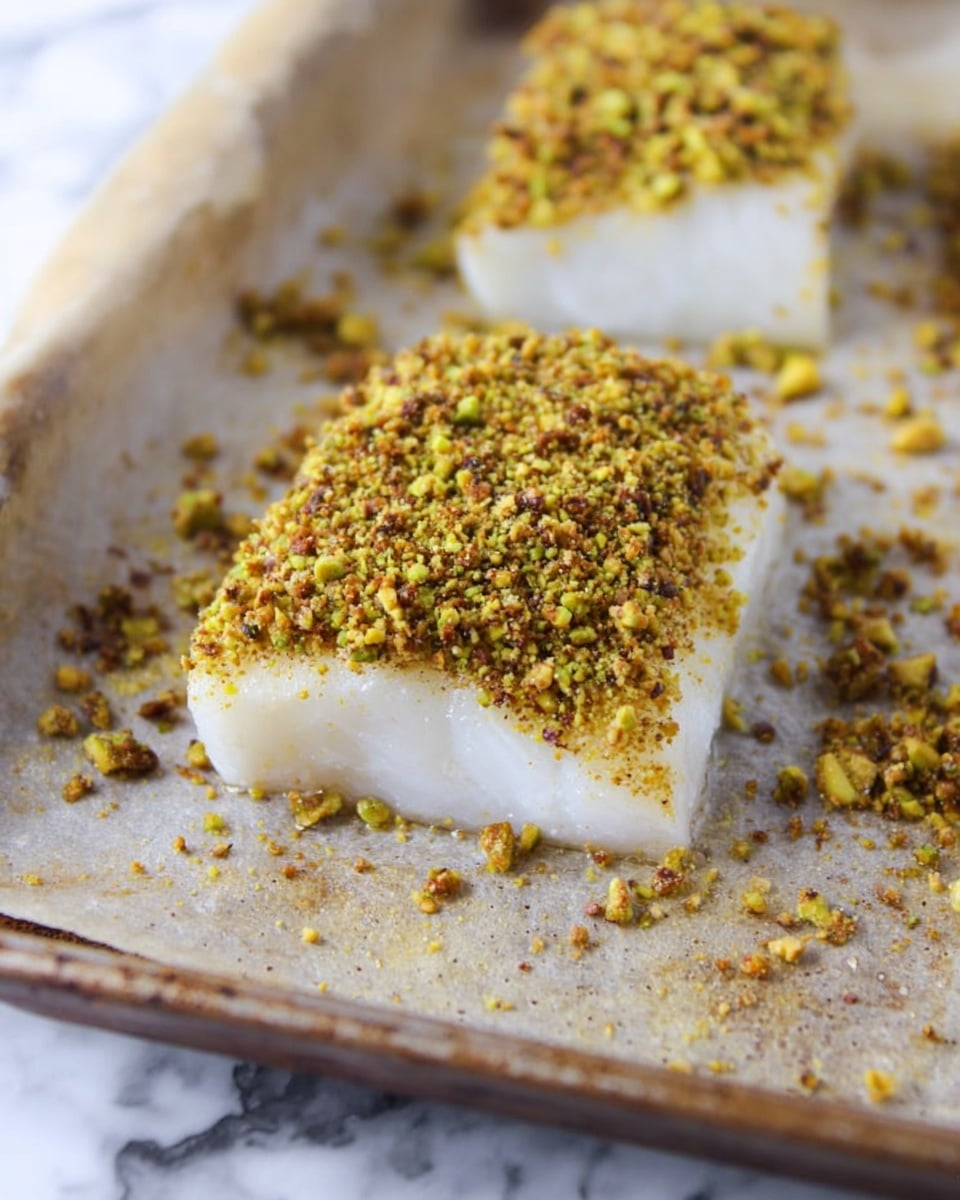 The image shows a close-up of three pieces of white fish fillets on a baking tray lined with parchment paper. Each fish piece has one layer of finely crushed, golden-brown pistachio nuts spread thickly on the top surface, creating a rough texture that contrasts with the smooth, moist white fish underneath. The baking tray has light brown spots from cooking, and the background is a white marbled texture. The focus is on the middle piece, with scattered pistachio crumbs around the fish on the parchment. photo taken with an iphone --ar 4:5 --v 7