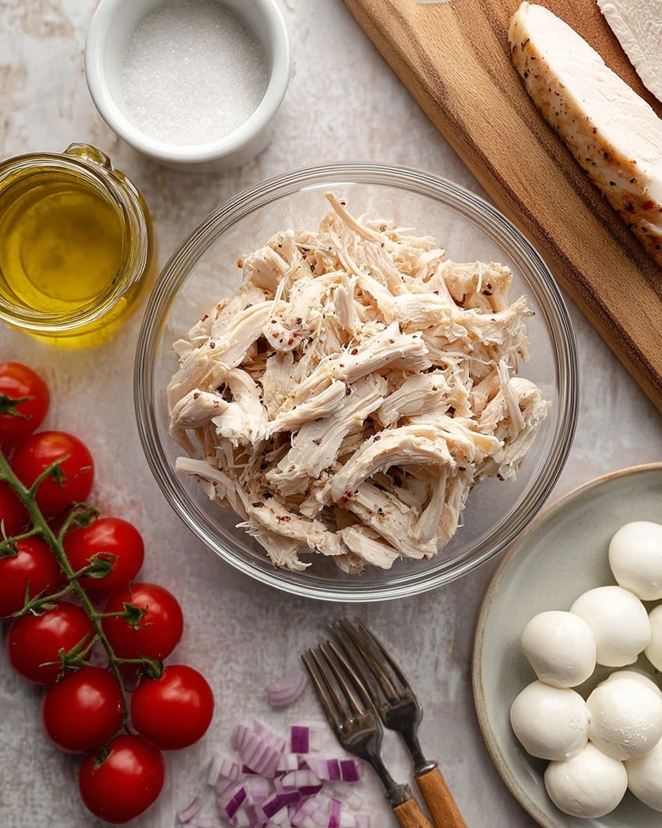 The image shows a clear glass bowl at the center filled with shredded light beige chicken pieces with hints of black pepper, placed on a wooden board. To the left, there is a white bowl containing salt and a clear jar of golden olive oil above it. On the lower left side, a bunch of red cherry tomatoes on the vine and small chopped pieces of purple onion are scattered around. To the right, there is a small clear bowl with white mozzarella balls and a white plate at the bottom right edge with a piece of cooked chicken seasoned with pepper, along with two forks with wooden handles resting on the plate. The background is a white marbled texture. photo taken with an iphone --ar 4:5 --v 7