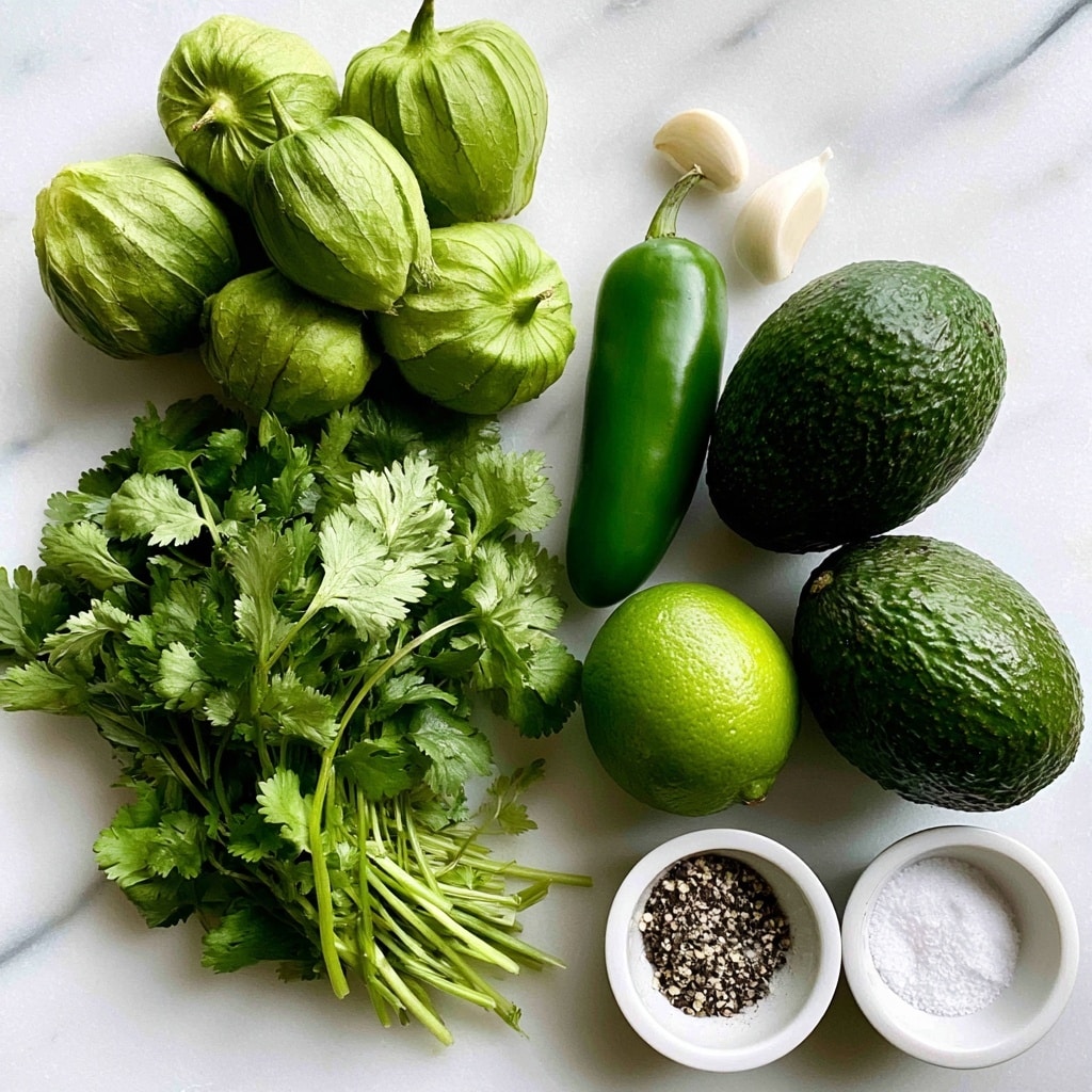 The image shows a group of fresh green tomatillos clustered near the top left, their papery husks giving a slightly rough texture. Below them, a bunch of green cilantro leaves with their stems spread out, showing a leafy, textured layer. To the right of the tomatillos, a single smooth, bright green jalapeño sits next to two dark green avocados with a bumpy skin texture. Above the jalapeño, two white garlic cloves create a small light-colored contrast. Below the avocados, a bright green lime forms a round shape. At the bottom right, two small white bowls contain black and white speckled pepper and white salt, each with a granular texture. All ingredients are laid out on a white marbled surface, giving a clean and bright background. Photo taken with an iphone --ar 4:5 --v 7