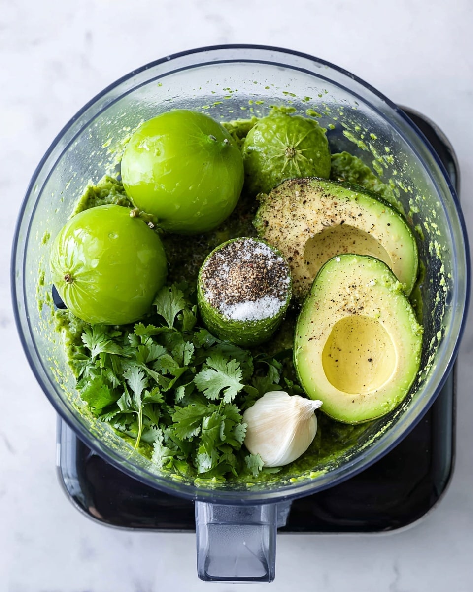 A top view of a clear food processor bowl filled with bright green ingredients for a sauce or dip, sitting on a black base over a white marbled surface. Inside the bowl, there are three green tomatillos with smooth, shiny skins on the left side, two halves of a ripe avocado with creamy yellow-green flesh and dark green skin on the right side, fresh bright green cilantro leaves in the bottom left corner, and a pale, peeled clove of garlic near the center. The ingredients are sprinkled with coarse salt and black pepper specks. Photo taken with an iphone --ar 4:5 --v 7