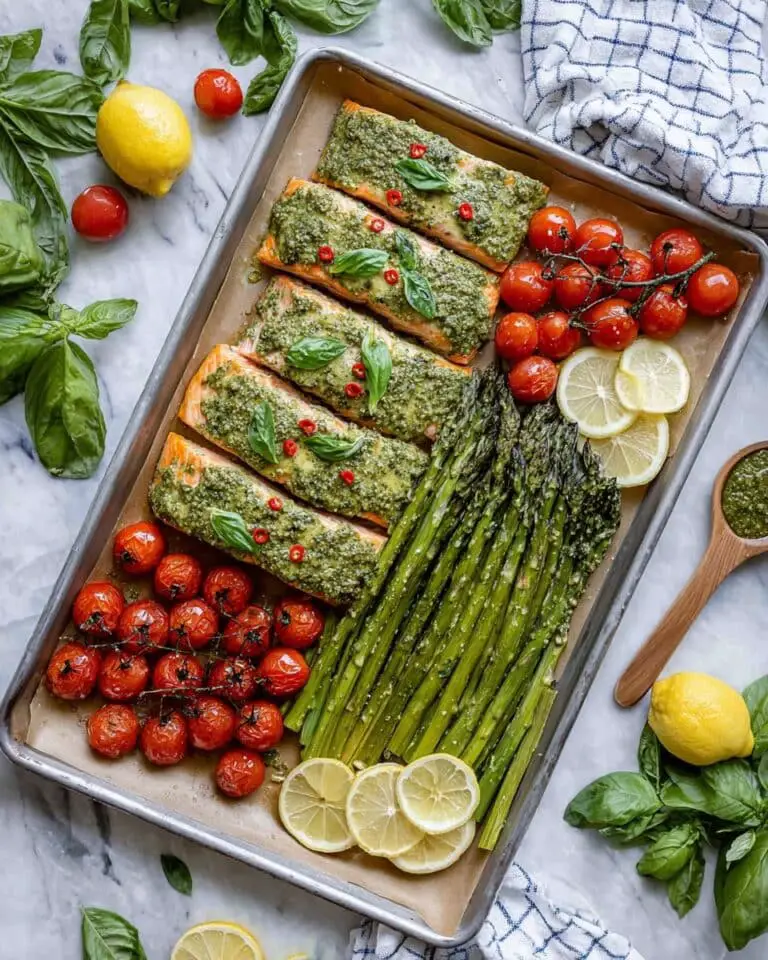 Sheet Pan Salmon and Asparagus with Cherry Tomatoes and Pesto Recipe
