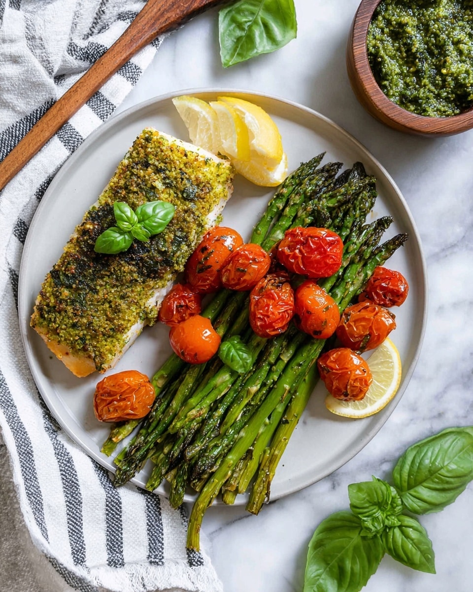 A white plate on a white marbled surface holds a meal with three main parts: on the left side, a rectangular piece of fish covered with a green herb crust and a small basil leaf on top; to the right of the fish, a bunch of bright green asparagus spears stacked together; scattered over and around the asparagus are small roasted cherry tomatoes, shiny and reddish-orange with toasted spots; two lemon wedges with bright yellow skin and pale yellow inside sit near the asparagus for garnish; a wooden bowl filled with chunky green pesto and a matching wooden spoon is placed near the top right corner of the plate; the overall setting includes fresh basil leaves on the marbled surface and a white cloth with dark lines nearby, photo taken with an iphone --ar 4:5 --v 7