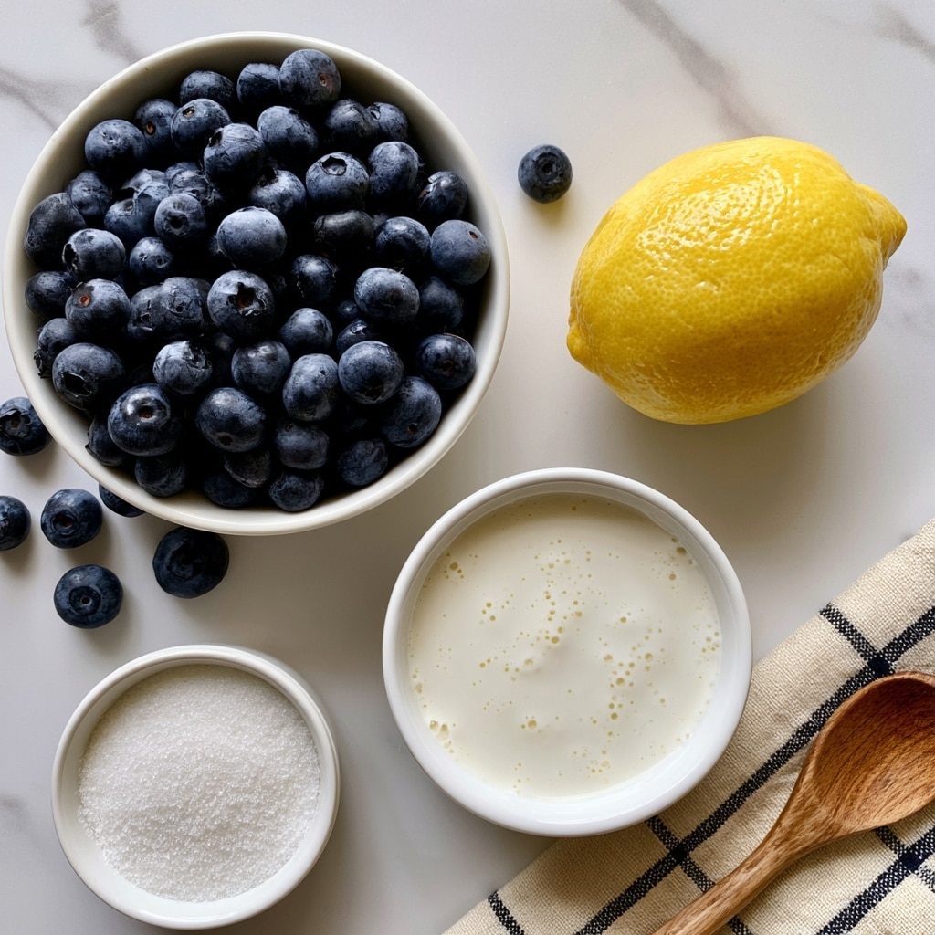 The image shows a white bowl full of dark blue blueberries with some scattered around it on a white marbled surface. To the right of this bowl is a bright yellow lemon with a shiny texture. Below the lemon, there is a white bowl filled with a creamy white liquid that has small bubbles on the surface. Below the blueberry bowl is another small white bowl filled with granulated white sugar. A wooden spoon rests on a beige and black checkered cloth on the bottom right edge of the image. Photo taken with an iphone --ar 4:5 --v 7