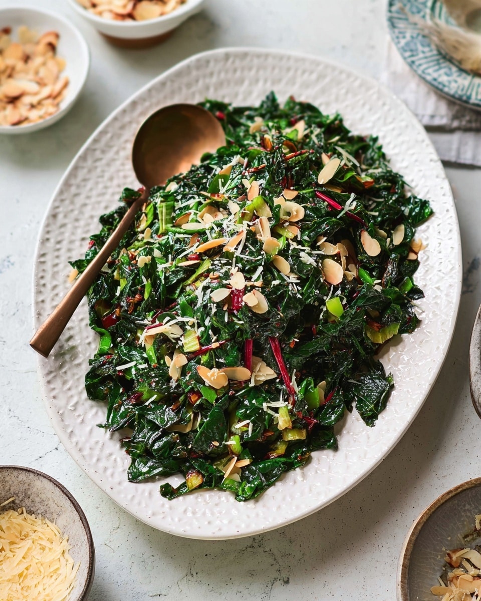 A close-up of cooked dark green leafy vegetables spread across a large white plate with a raised dotted edge. The cooked greens have bits of red stems and small pieces of cooked light green vegetables mixed in. Thin beige almond slices and finely grated white cheese are scattered on top. A bronze serving spoon rests on the plate's left side, partially placed on the greens. Around the plate are small white bowls filled with almond slices and grated cheese, all sitting on a white marbled surface. Photo taken with an iphone --ar 4:5 --v 7