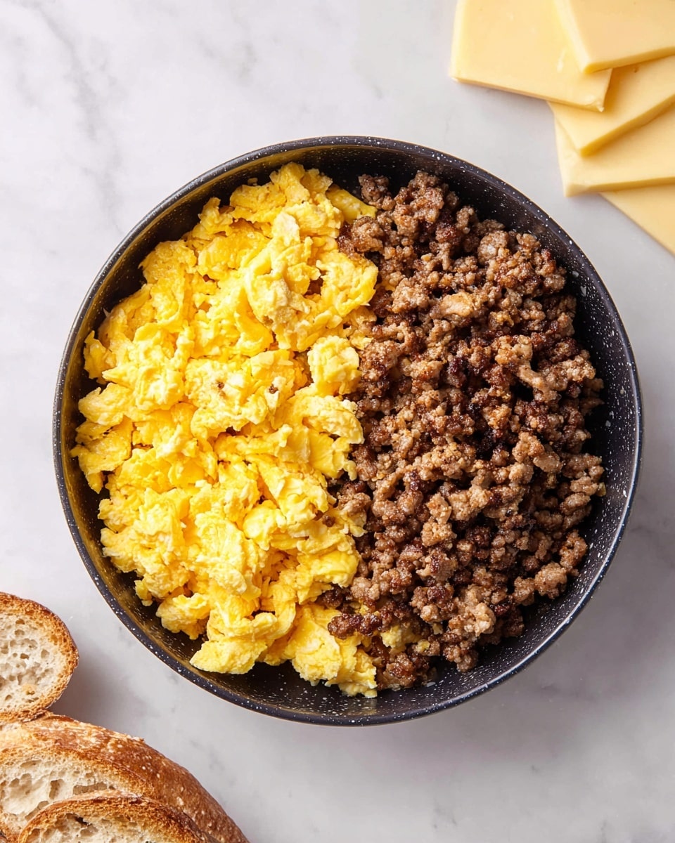 A round black bowl with two layers inside, the bottom half filled with soft scrambled eggs in bright yellow with a slightly fluffy texture, and the top half filled with cooked ground meat in brown shades with small browned bits for a crispy look; the bowl is placed on a white marbled surface with some slices of yellow and white marbled cheese and a piece of bread nearby, all shown from above in natural light, photo taken with an iphone --ar 4:5 --v 7