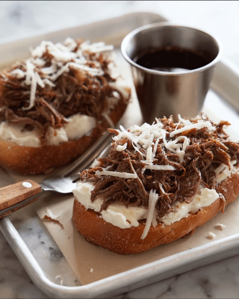 Two open-faced sandwiches sit on a white rectangular tray with a small stainless steel cup filled with dark dipping sauce next to them. Each sandwich has three visible layers: the base layer is a light brown toasted bun, the middle layer is a thick spread of white cheese or cream, and the top layer is a generous heap of thin, dark brown shredded meat topped with small bits of melted pale cheese. A fork with a wooden handle rests near the cup of sauce, all set on a white marbled surface. photo taken with an iphone --ar 4:5 --v 7