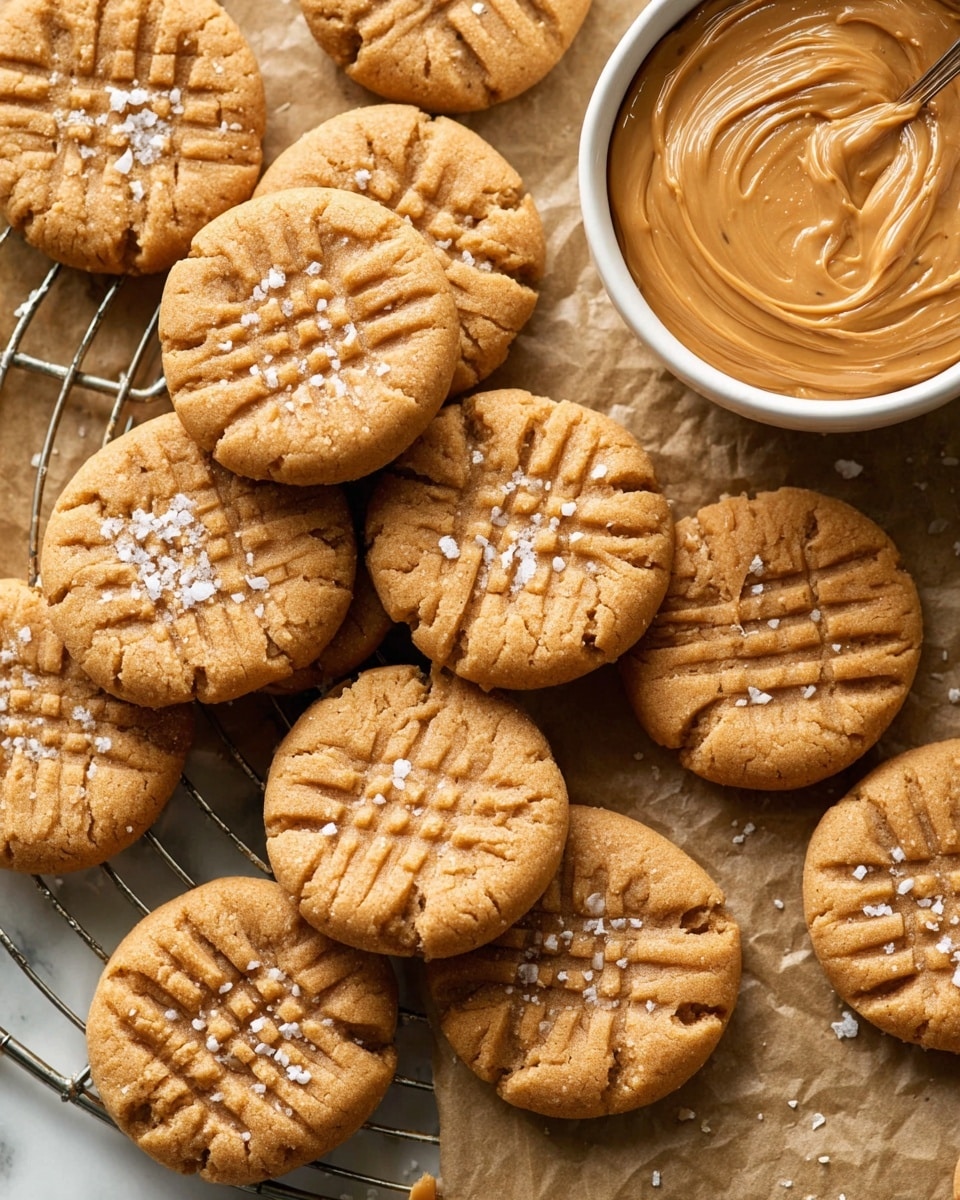 The image shows many round, light brown peanut butter cookies with a crisscross fork pattern on top, scattered with coarse white salt flakes. The cookies rest on a silver wire cooling rack placed over a brown parchment paper that lies on a white marbled surface. At the top right corner, a white bowl is filled with smooth, creamy peanut butter swirled inside. The cookies appear soft and slightly thick with a matte texture. photo taken with an iphone --ar 4:5 --v 7