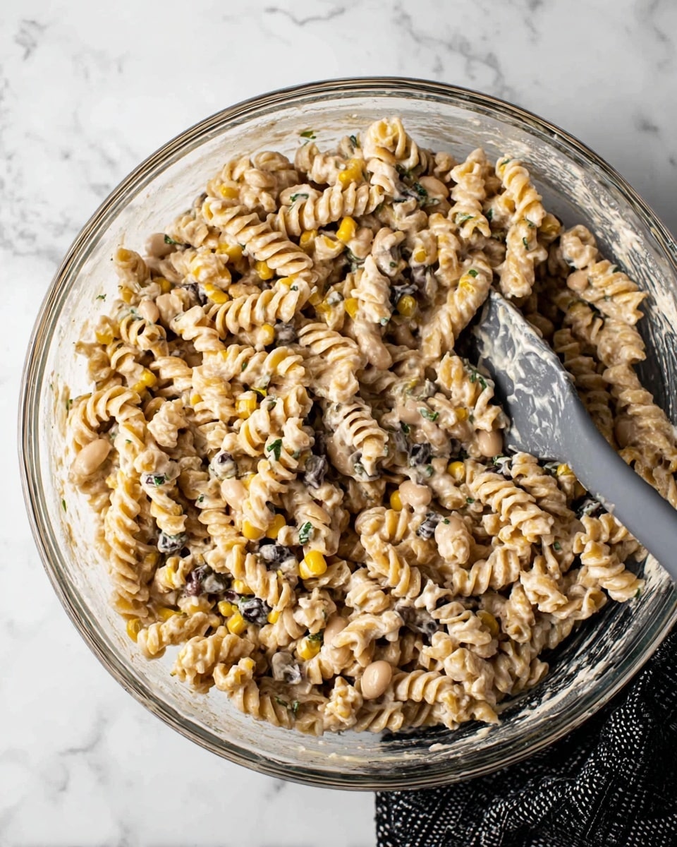 A clear glass bowl filled with rotini pasta coated in a creamy light beige sauce mixed with visible white beans and yellow corn kernels, with small bits of dark olives and green herbs evenly distributed throughout. A gray spatula rests inside the bowl on the right side, slightly covered in the creamy pasta mixture. The bowl is set on a white marbled surface with part of a black patterned cloth visible on the lower right side. Photo taken with an iphone --ar 4:5 --v 7
