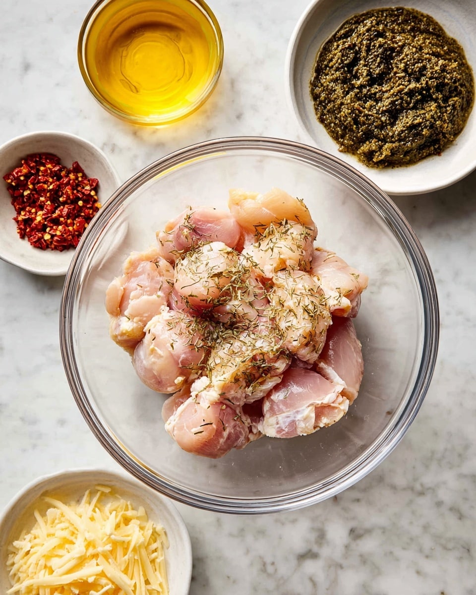 A clear glass bowl in the center holds light pink, cut raw chicken pieces sprinkled with dried herbs. Surrounding the bowl are four small white bowls with different ingredients: to the top left, a bowl with a golden-yellow liquid; to the top right, a bowl with thick, dark green paste; to the bottom left, a bowl with reddish chopped dried peppers; and to the left edge, a white bowl containing a chunk of hard yellow cheese and shredded white cheese beneath it. All bowls rest on a white marbled surface. Photo taken with an iphone --ar 4:5 --v 7