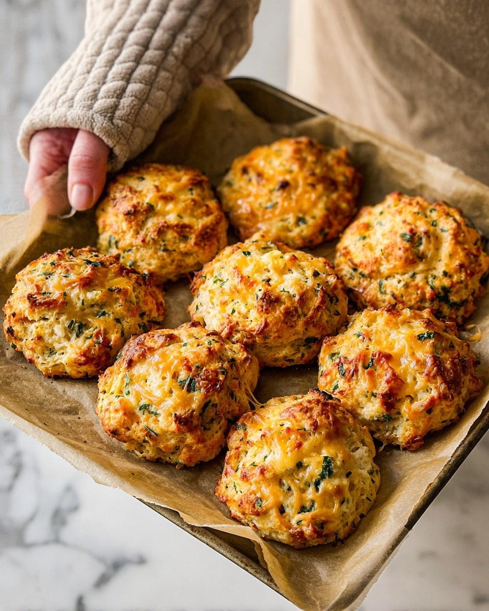 A baking tray filled with about nine cheese biscuits, each biscuit is golden brown with a textured, slightly rough surface showing bits of green herbs and melted cheese on top. The biscuits are round and thick, arranged closely on parchment paper lining the tray. A woman’s hand wearing a quilted beige oven mitt holds the tray. The background and surface below the tray have a white marbled look. photo taken with an iphone --ar 4:5 --v 7