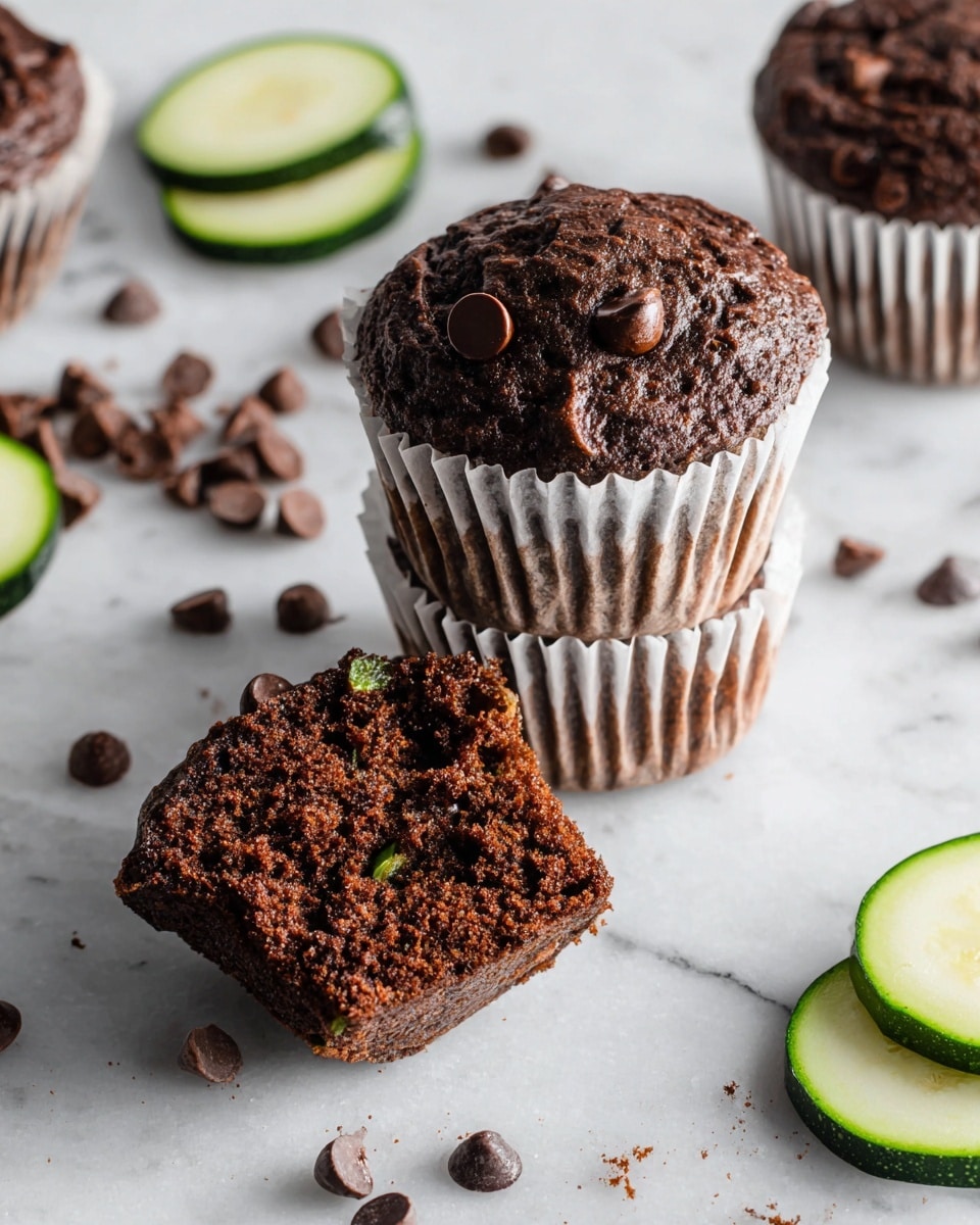 The image shows three chocolate muffins on a white marbled surface. One muffin is whole with a rich, dark brown color and smooth top with chocolate chips embedded. Another muffin is slightly tilted, showing a ribbed white paper cup strong in warm brown tones. The third muffin is cut in half inside its white paper cup, revealing a moist, crumbly inside filled with chocolate chips and tiny green flecks. Around the muffins are scattered chocolate chips and two thin slices of green zucchini with dark green edges. The scene is bright and clean. Photo taken with an iphone --ar 4:5 --v 7