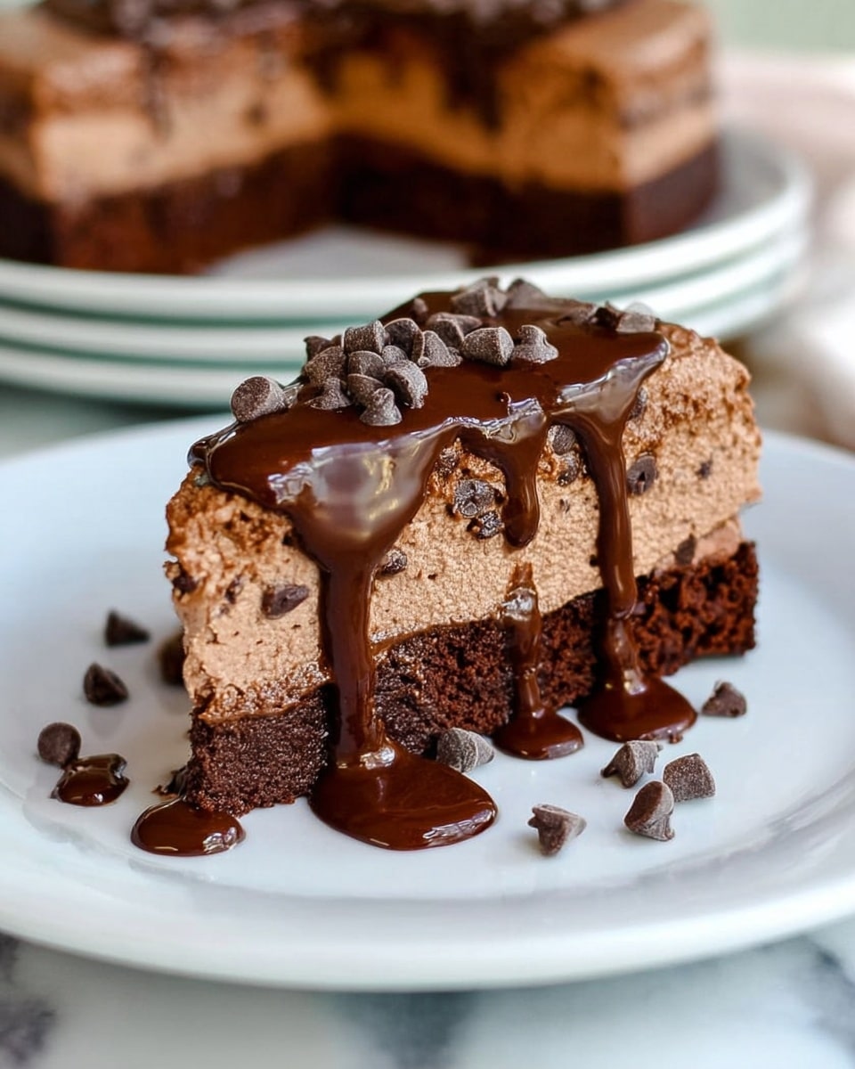 A slice of chocolate mousse cake is shown on a white plate with a few scattered dark chocolate chips around it. The cake has three visible layers: a thin dark chocolate base, a middle darker textured chocolate mousse layer filled with small chunks, and a top smooth milk chocolate mousse layer with a slightly shiny finish. Behind the plate, a white gravy boat with dark chocolate sauce is visible, with a woman's hand holding it. A silver fork lies in front of the plate on a white marbled surface. The photo taken with an iphone --ar 4:5 --v 7