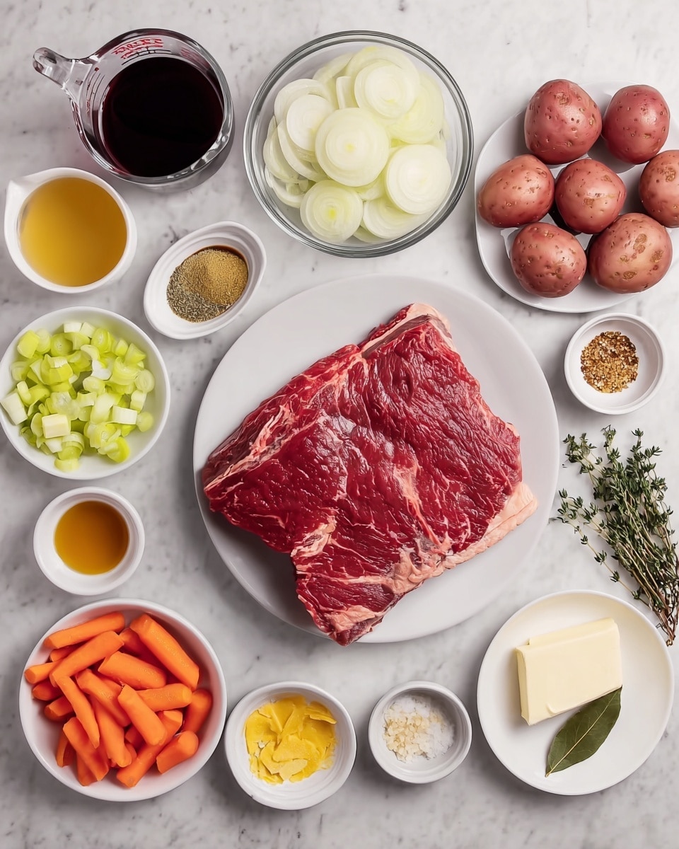 A large piece of raw red meat with white fat rests on a white plate in the center of the image. Around it, small white bowls hold different ingredients: sliced onions in a glass bowl, halved red potatoes, chopped green celery, and sliced orange carrots. Other small bowls contain granulated seasonings, minced garlic, a dollop of yellow mustard, a bay leaf, and fresh thyme sprigs on a white plate. Two small white bowls have oil and a dark liquid sauce, while a glass measuring cup contains red wine. Another glass container holds broth, and a small bowl has a light square of butter. All items are arranged neatly on a white marbled texture surface. photo taken with an iphone --ar 4:5 --v 7