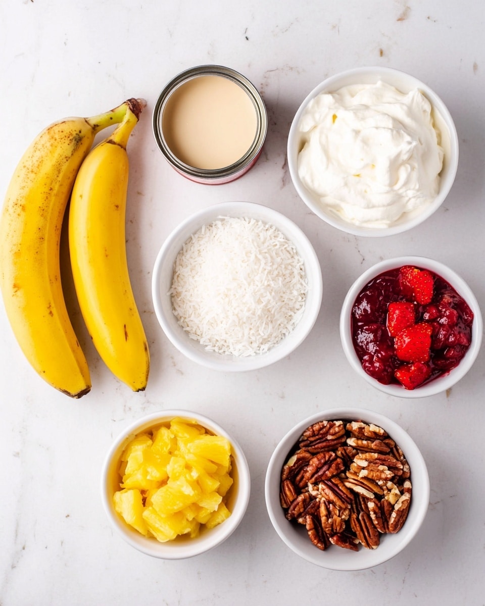 The image shows six small white bowls and two whole yellow bananas on a white marbled surface. Starting from the top right, one bowl is filled with smooth white whipped cream. Below it, an opened can contains a light beige creamy liquid. Moving down and to the left, there is a bowl with chopped red strawberries, and next to it, a bowl filled with shredded white coconut. Above the strawberries and coconut, a bowl holds bright yellow mashed pineapple pieces. Slightly to the left, a bowl is filled with rough textured brown pecan halves. Between the bananas and the whipped cream bowl, an open can contains glossy dark red cherry pie filling. The two bananas lie on the left side of the image with a smooth yellow peel and some brown spots. The shot is taken from above, with bright, even lighting. photo taken with an iphone --ar 4:5 --v 7