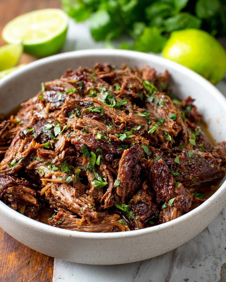 A white bowl filled with layers of shredded meat that is dark brown and slightly crispy on the edges, mixed with juicy, tender pieces. The meat is topped with herbs chopped finely, giving small bright green spots across the surface. The bowl is placed on a wooden table with blurred lime halves and fresh green herbs in the background, all on a white marbled texture. The image focuses closely on the texture of the meat and herbs, showing a glossy sauce drizzled over the top. photo taken with an iphone --ar 4:5 --v 7