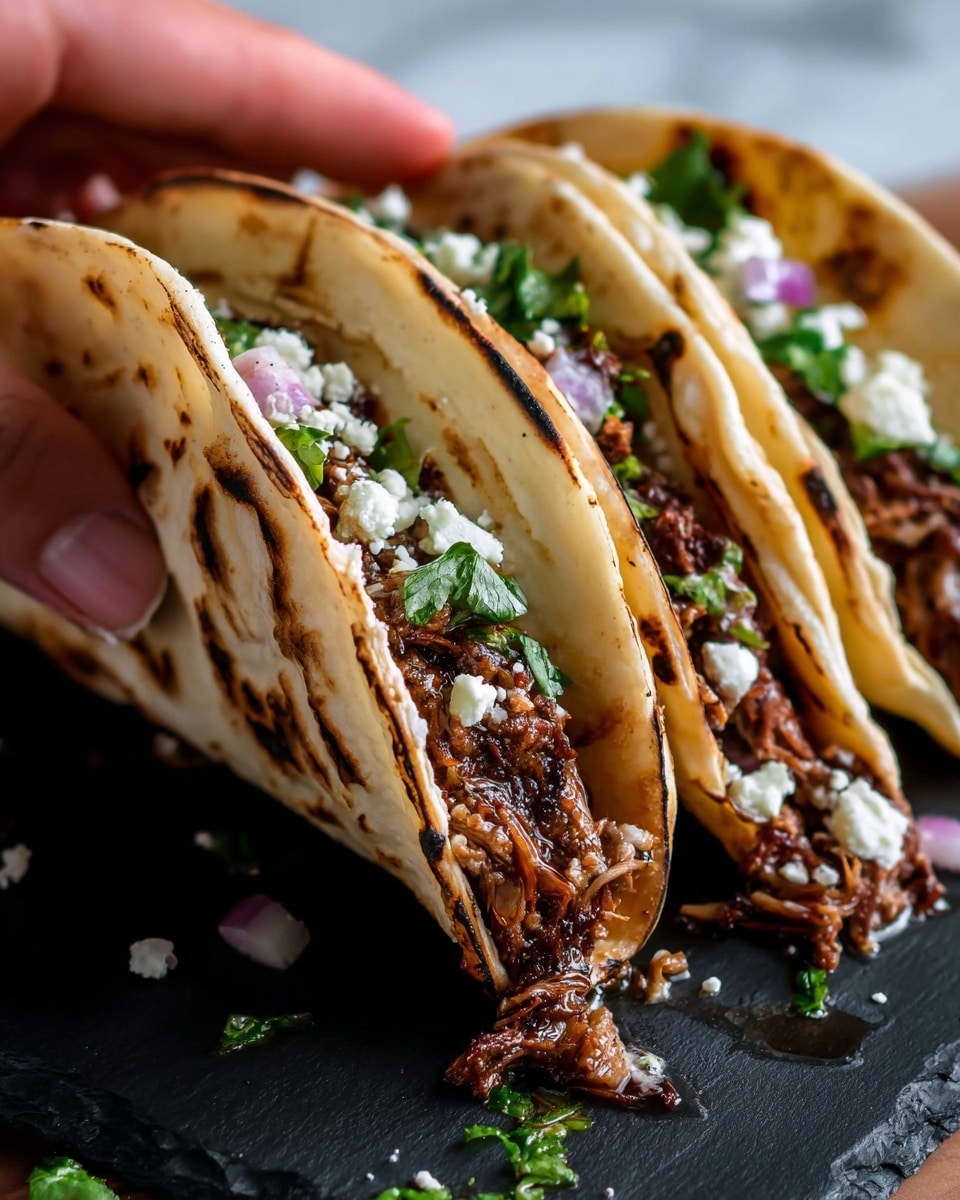 The image shows a close-up of four soft corn tortillas folded in half, each filled with layers of shredded dark brown cooked meat, small pieces of green herbs, white crumbled cheese, and thin slices of light purple onion. A woman's hand is holding one of the tortillas gently from the side. The tortillas have light brown grilled spots and a soft texture. The tacos are placed on a black slate surface with some scattered green herbs and bits of meat around them, set on a white marbled background. photo taken with an iphone --ar 4:5 --v 7