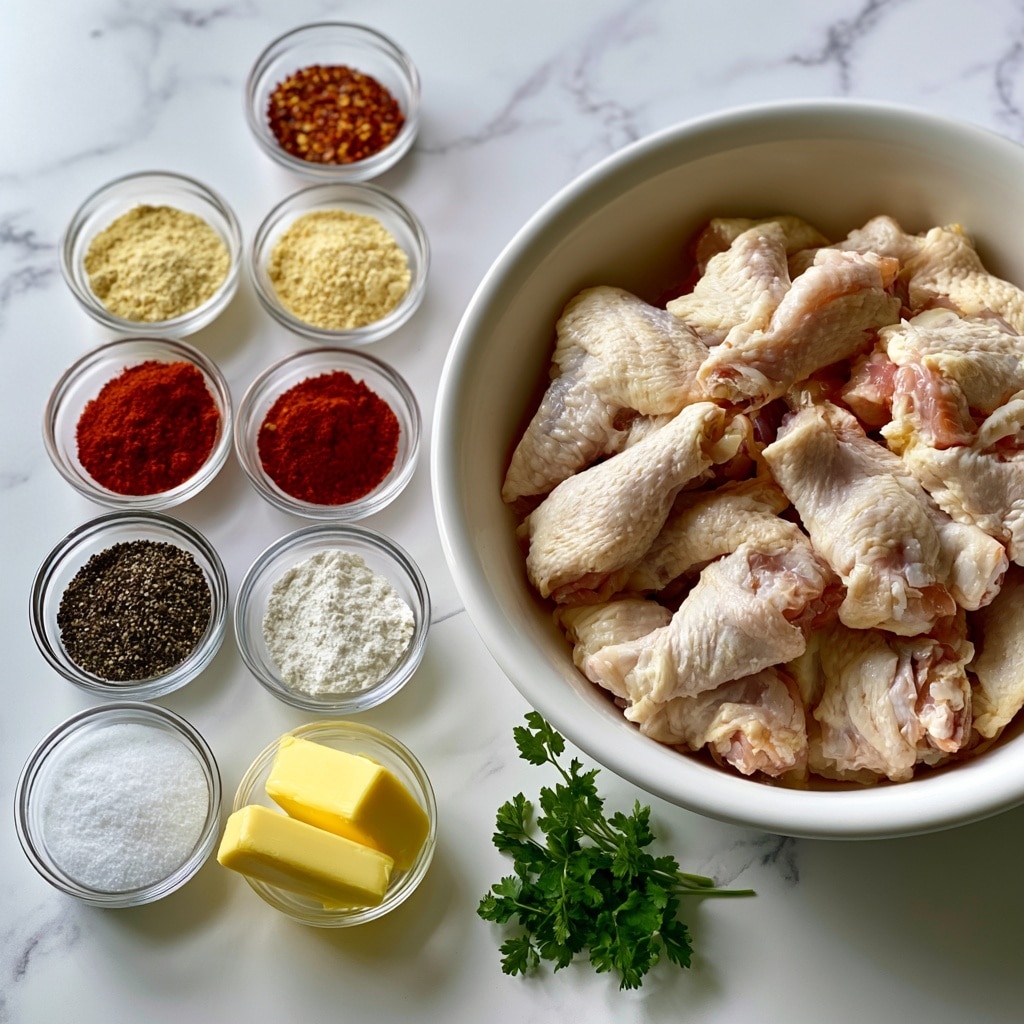 A white bowl filled with many raw chicken wings sits on the right side over a white marbled surface. To the left, there are seven small clear glass bowls arranged vertically: the top one holds red pepper flakes, below it is onion powder with a pale yellow powder, then a bowl of smoked paprika with a rich red color, followed by black pepper with dark coarse specks, and then baking powder in white. Below these are salt in a small bowl and a bowl with two yellow sticks of butter. Near the bottom right of the image, there is a small bunch of fresh green parsley. The photo is bright with a clean and fresh look, photo taken with an iphone --ar 4:5 --v 7