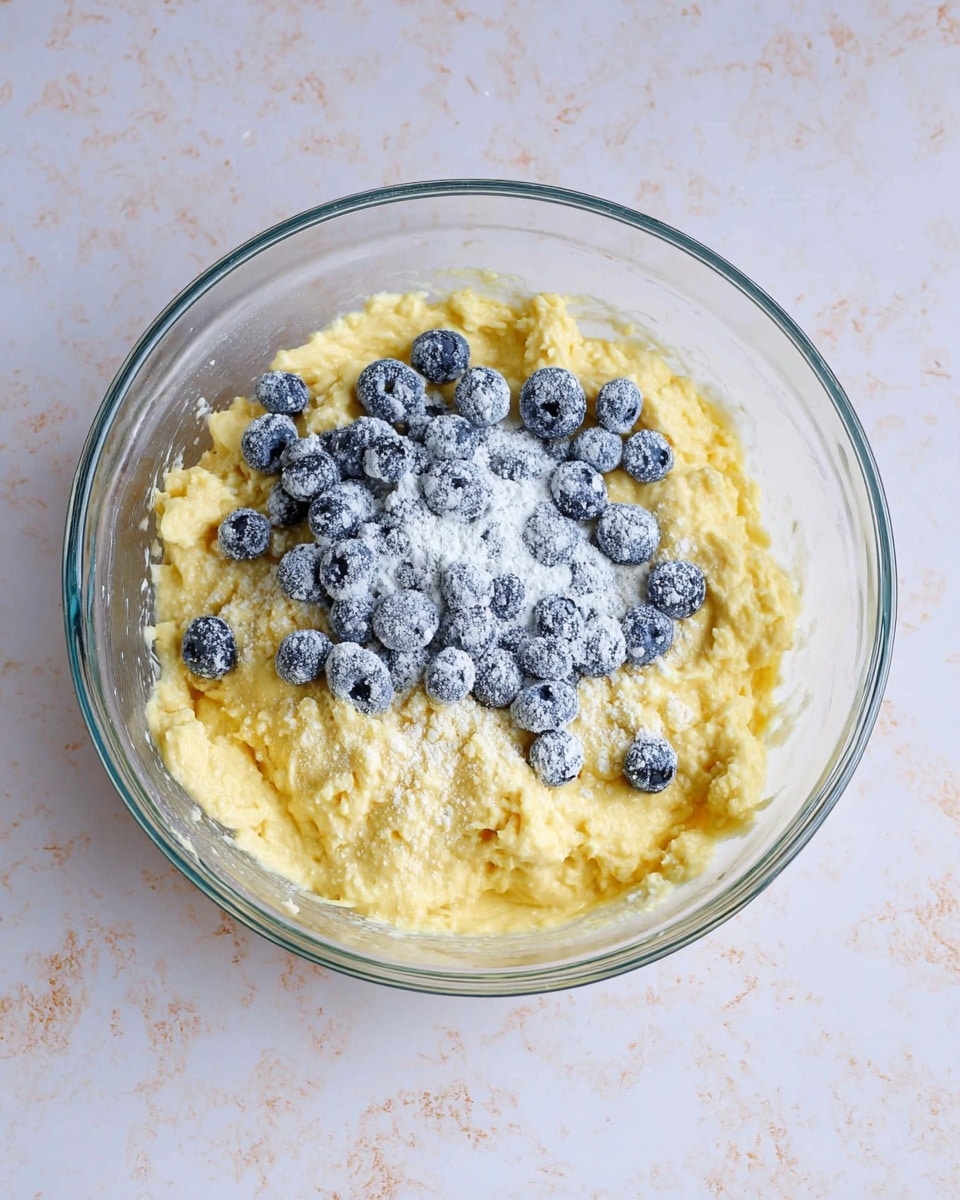 A clear glass bowl sits on a white marbled surface, filled with a creamy yellow batter. On top of the batter, there is a pile of small blueberries coated in white powder, placed more toward the center. The batter has a thick, fluffy texture with a soft, uneven surface. Photo taken with an iphone --ar 4:5 --v 7