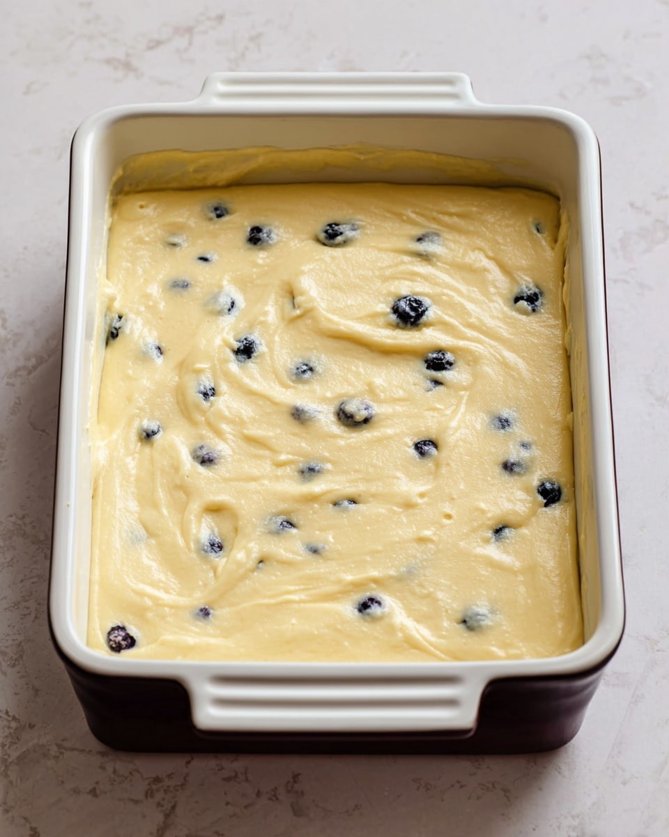 A white square baking dish with dark handles is filled with a smooth, pale yellow batter that has small dark spots spread evenly throughout, likely blueberries, creating contrast in the creamy surface. The batter is spread out evenly to cover the entire dish, with soft swirls and slight ridges visible on the top layer. The dish is placed on a white marbled surface. photo taken with an iphone --ar 4:5 --v 7