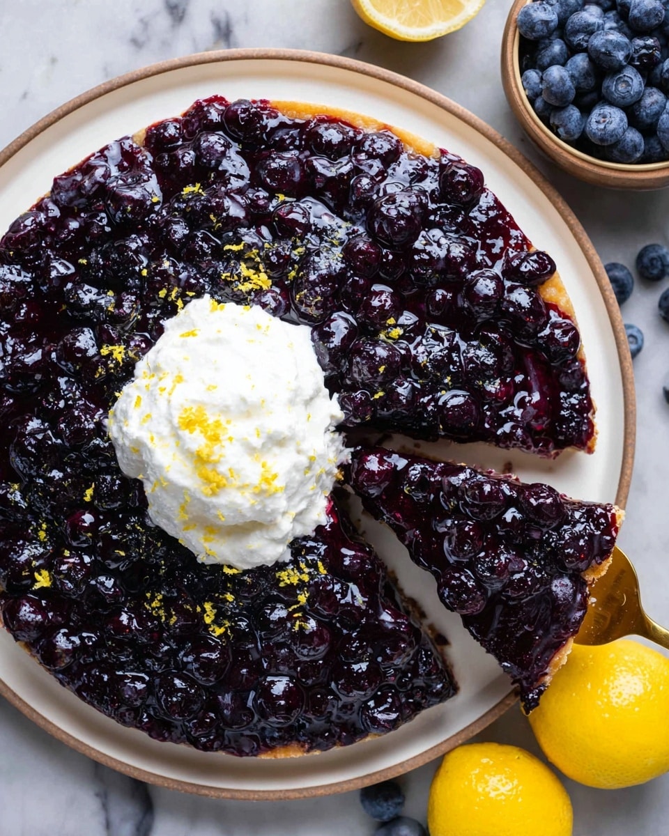 A round tart with a thick, deep purple layer of blueberry compote, rich with whole blueberries and a shiny, slightly bumpy texture, sits on a white plate with a small rim. One slice is being lifted by a golden spoon from the bottom right, showing a thin golden crust beneath the compote. On top of the tart, slightly off center to the left, there is a dollop of fluffy white cream sprinkled with small bits of yellow lemon zest. The white marbled surface underneath holds a small bowl filled with fresh blueberries in the top right, scattered loose blueberries, and some bright yellow lemons at the bottom right. photo taken with an iphone --ar 4:5 --v 7