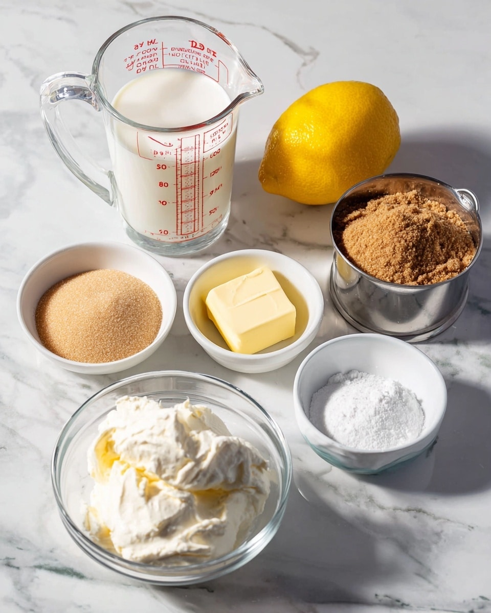 The image shows eight ingredients on a white marbled surface. At the back left, there is a clear glass measuring cup with milk. Next to it, on the right, there is a whole yellow lemon. To the right of the lemon, there is a metal cup filled with brown sugar. In front of the lemon, there are four small white bowls arranged in a loose row: the first bowl on the left contains light brown sugar, the second has a light brown liquid, the third contains a stick of yellow butter, and the fourth holds white powdered sugar with a small dollop of white cream on top. On the front left, there is a clear glass bowl with a mound of white cream cheese. Photo taken with an iphone --ar 4:5 --v 7