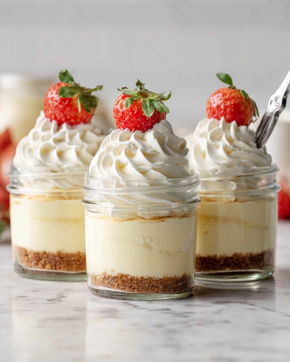 Three small clear glass jars are placed side by side on a white marbled surface. Each jar has two layers: a bottom layer of brown crumbly crust and a top layer of thick, creamy pale yellow whipped filling swirled smoothly inside. On top of each jar's filling, there is a swirl of white whipped cream, and a half strawberry with a green leafy top is placed beside the whipped cream for decoration. One jar on the right has a small silver spoon inserted into the cream. Photo taken with an iphone --ar 4:5 --v 7