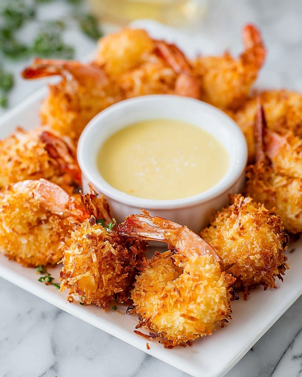 A white rectangular plate holds a circle of golden brown coconut shrimp with crisp, textured coating around each shrimp, showing bits of coconut flakes that give a rough and crunchy look. The shrimp tails, with a reddish hue, stick out from the coating, placed evenly around a small round white bowl in the center. The bowl is filled with a smooth, creamy pale yellow dipping sauce with a slightly glossy surface. The plate sits on a white marbled surface, with some green garnish blurred in the background. Photo taken with an iphone --ar 4:5 --v 7