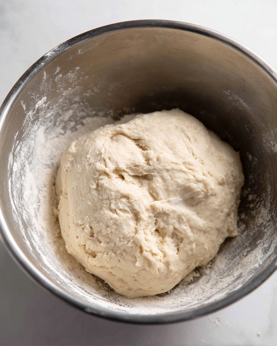 A close-up view of a large ball of soft, pale beige dough with a slightly sticky and uneven texture sitting inside a deep, shiny silver metal bowl. The dough shows some small air bubbles and cracks on its surface, with a few patches of flour dusted lightly on the edges of the bowl. The bowl rests on a white marbled surface, giving a clean and simple background. photo taken with an iphone --ar 4:5 --v 7