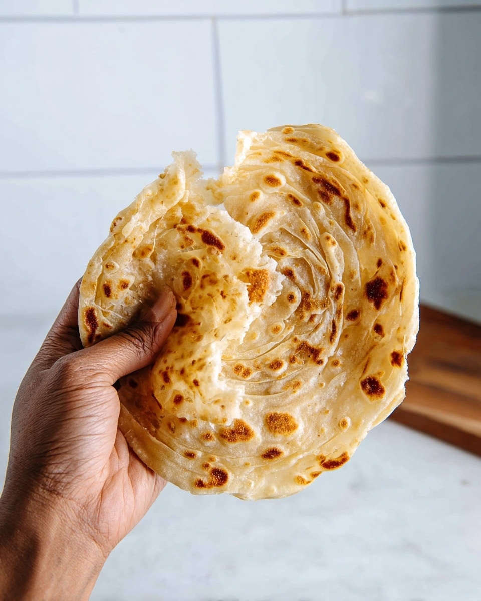 Two dark-skinned hands hold a round flatbread that is torn in the middle, showing soft, thin layers inside. The flatbread has a light golden-brown color with darker toasted spots scattered across its surface. The texture is flaky and slightly shiny, revealing many thin, delicate layers that swirl around the bread's center. The background features a white marbled texture and a white tiled wall behind it. photo taken with an iphone --ar 4:5 --v 7