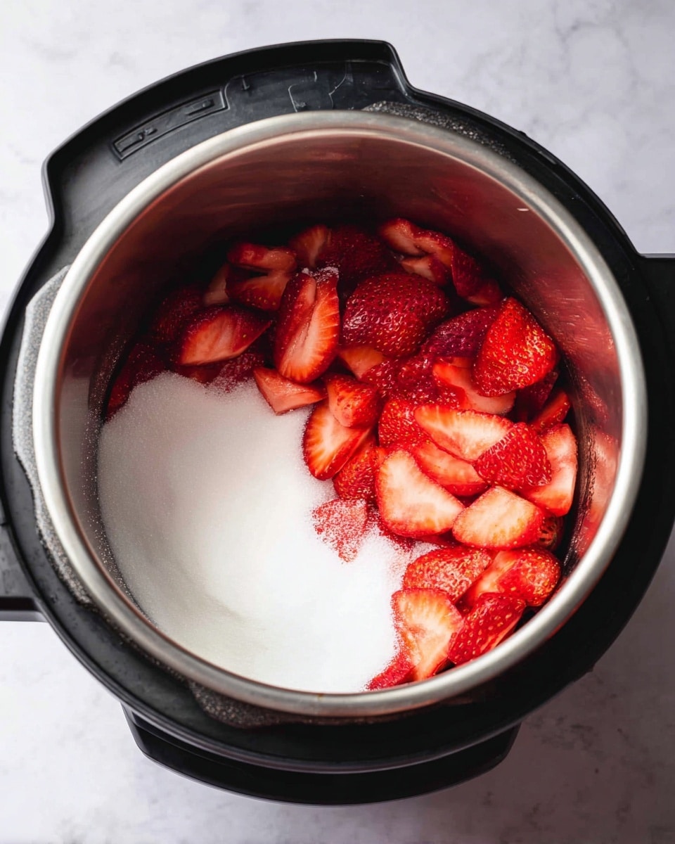 Inside a stainless steel inner pot of a black electric pressure cooker, there is one layer of bright red, sliced strawberries piled on the right side, showing their juicy texture and seeds. On the left side, there is a large pile of fine white granulated sugar, contrasting with the red strawberries, both filling the pot almost to the top. The whole cooker sits on a white marbled surface with soft natural light. Photo taken with an iphone --ar 4:5 --v 7