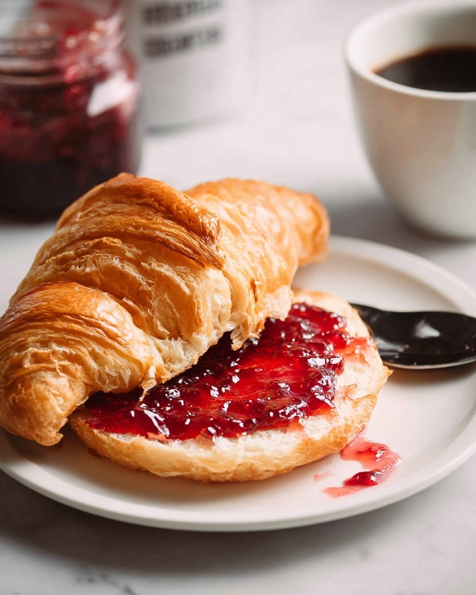 A white plate sits on a white marbled surface holding a croissant sandwich sliced open to show two layers: the top layer is golden brown and flaky with a curved shape, the bottom layer is soft and light beige with visible air pockets. On the bottom layer, there is a thick spread of bright red, shiny jam with bits of fruit, slightly uneven in texture. A black spoon rests near the edge of the plate with red jam dripping off it. In the background, a white cup with black coffee and a glass jar of red jam are softly blurred. Photo taken with an iphone --ar 4:5 --v 7