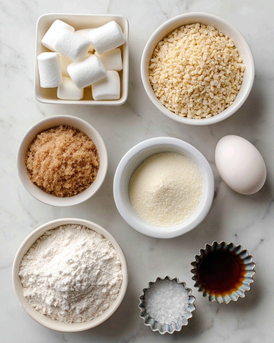 The image shows six small bowls and one white egg on a white marbled surface. The top bowls hold white mini marshmallows in a square white bowl, and light tan rice krispie cereal in a round white bowl. Below them are two round white bowls, one with light brown and white granulated sugars side by side, and the other with a pile of white flour mixed with baking soda and salt. At the bottom left is a round white bowl filled with browned salted butter, and on the right are two small fluted metal containers, one with dark brown vanilla extract and the other with white flaked salt. A white egg lies near the flaked salt container. Photo taken with an iphone --ar 4:5 --v 7