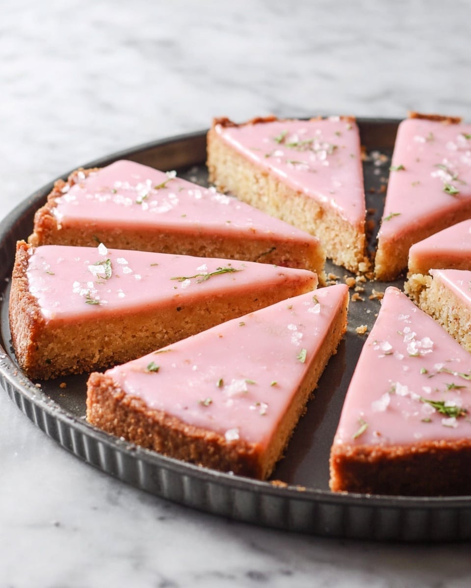A round tart is sliced into eight pieces on a dark metal tart pan with ridged edges, placed on a white marbled surface. Each slice has two clear layers: a thick, light golden brown crust with a crumbly texture at the bottom and a smooth, pink glaze topping that covers the entire slice. Some of the slices have coarse white sugar crystals sprinkled on top, while others have small green herb leaves scattered on the pink layer. The tart pieces are arranged in a circle with a small gap between each slice. Photo taken with an iphone --ar 4:5 --v 7