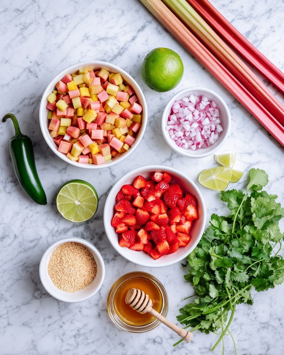The image shows fresh ingredients arranged neatly on a white marbled surface. There are two white bowls filled with chopped pieces: one bowl has small pink and yellow chunks that look like rhubarb, and the other bowl is full of diced bright red strawberries. Next to the bowls, a small white bowl holds finely chopped red onions, and another small white bowl contains a light beige powder, possibly a spice or ground nut. A clear glass bowl filled with golden honey has a wooden honey dipper resting in it. A halved lime with its green skin and juicy light green inside is placed near a whole green jalapeño pepper. Fresh, leafy cilantro sprigs with bright green leaves lie on the surface near the bowls. Two long reddish rhubarb stalks lean against the top left corner. The composition is bright and fresh, with a clean and organized look. Photo taken with an iphone --ar 4:5 --v 7