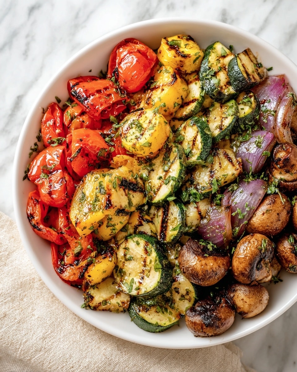 The image shows a white bowl filled with grilled mixed vegetables. There are five main layers of vegetables: bright red tomato pieces with some char marks, yellow and green slices of zucchini and yellow squash with grill lines, light brown mushrooms with a slightly shiny texture, red pieces of red onion with some blackened edges, and green herbs sprinkled all over. The vegetables look glossy and well-cooked, with a mix of soft and slightly crispy textures. The bowl sits on a white marbled surface with a beige cloth napkin on the side. photo taken with an iphone --ar 4:5 --v 7