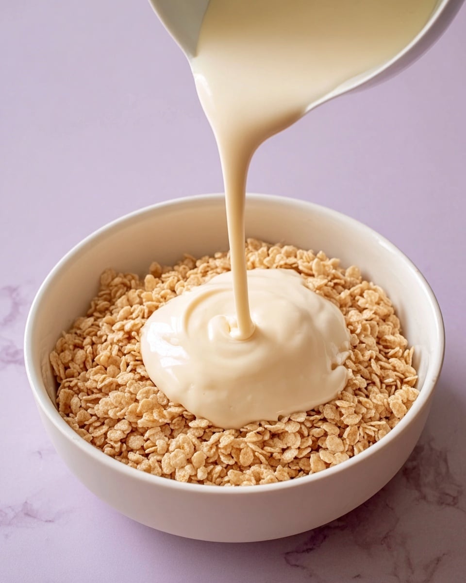A white bowl filled with a crunchy, light brown puffed cereal sits on a white marbled surface. In the center of the cereal, creamy white liquid is being poured from another white bowl, forming a smooth, shiny layer on top of the cereal. The creamy liquid has a thick texture and flows slowly, creating a soft mound in the middle of the cereal layer. The background is a soft purple color that contrasts with the white bowl and the cereal inside. photo taken with an iphone --ar 4:5 --v 7