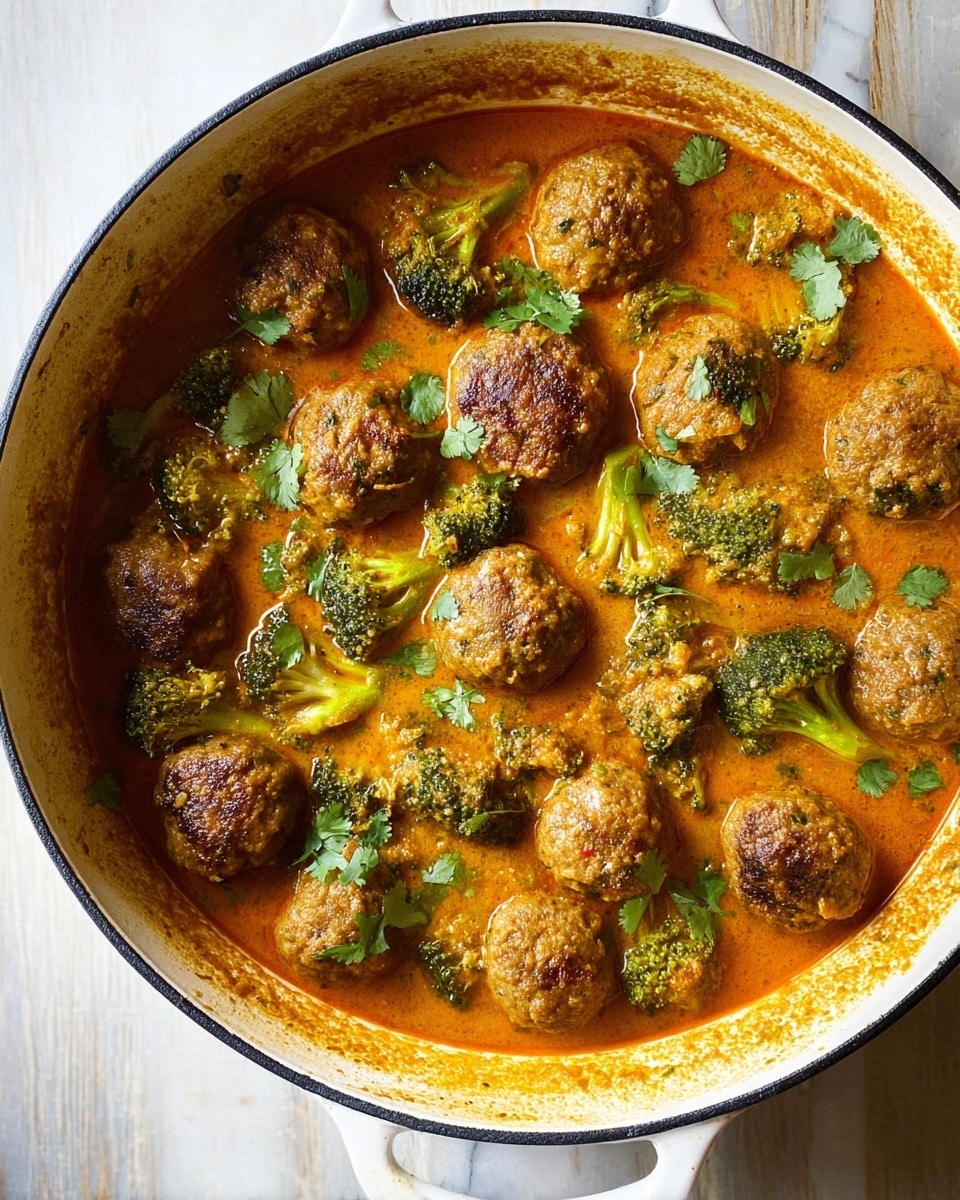 A white pot filled with about fourteen golden-brown meatballs sitting in a thick orange sauce, with green broccoli pieces scattered evenly throughout. The sauce has a rich texture with small bits of herbs, and some light green cilantro leaves are sprinkled on top, adding pops of color. The pot’s inner edge is stained slightly with the sauce, and the whole scene is set against a white marbled texture. photo taken with an iphone --ar 4:5 --v 7