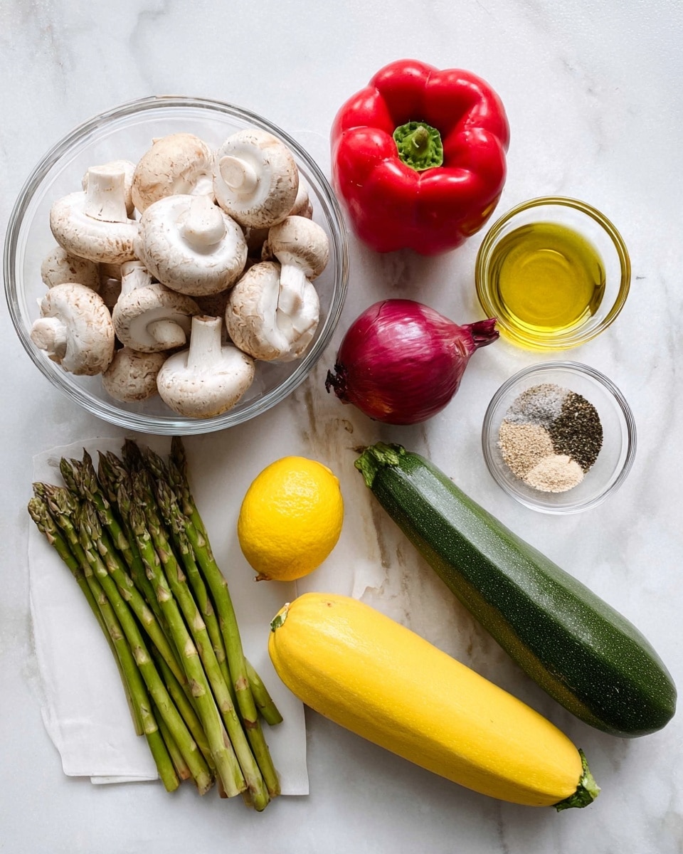 The image shows fresh cooking ingredients arranged neatly on a white marbled surface. On the left, there is a large red bell pepper above a clear glass bowl filled with whole white mushrooms. To the right of these, there is a small clear glass container with olive oil, a whole purple onion, and a bright yellow lemon positioned next to a bundle of green asparagus stalks. Further right, a dark green zucchini and a yellow summer squash lie side by side. At the top right corner, a small clear glass bowl holds different dry spices, including salt, pepper, dried herbs, and a light beige powder. The overall look is fresh and colorful with a clean background, giving a natural and healthy vibe. photo taken with an iphone --ar 4:5 --v 7