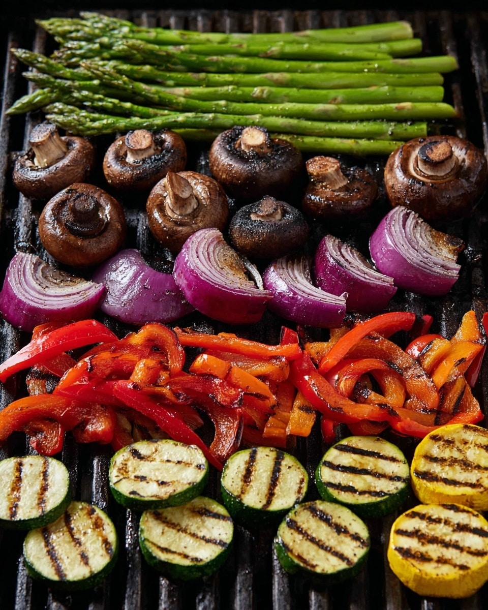 The image shows a grill filled with several fresh vegetables arranged in layers. At the top left, there is a layer of bright green asparagus spears with slight grill marks. To the right of the asparagus, there are brown mushrooms with dark grill lines, some whole and some sliced. Below the mushrooms, there are thick purple-red onion slices with distinct grill marks. In the middle, there are bright red bell pepper strips with a shiny and slightly charred texture. At the bottom, there are slices of green zucchini and yellow squash, each with clear grill stripes that show a soft, cooked texture. The grill bars underneath the vegetables are dark and evenly spaced, and the whole scene has a fresh, smoky look. Photo taken with an iphone --ar 4:5 --v 7