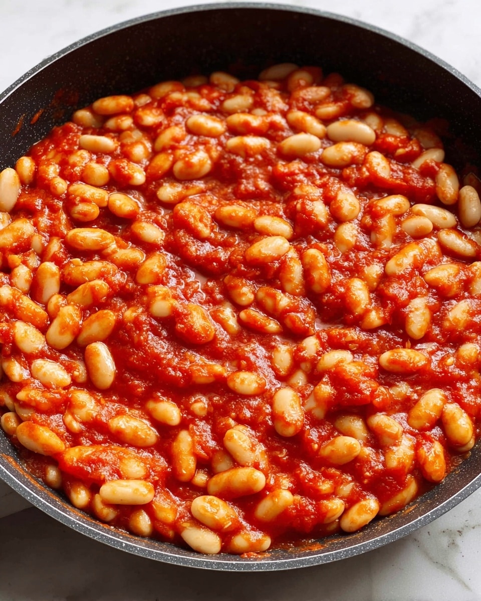 A close-up view of a black pan filled with white beans covered in a thick, bright red tomato sauce. The beans are spread evenly, showing their soft, slightly curved shapes, while the sauce has a smooth, shiny texture that clings to the beans. The pan sits on a white marbled surface, adding contrast to the rich colors of the dish. photo taken with an iphone --ar 4:5 --v 7