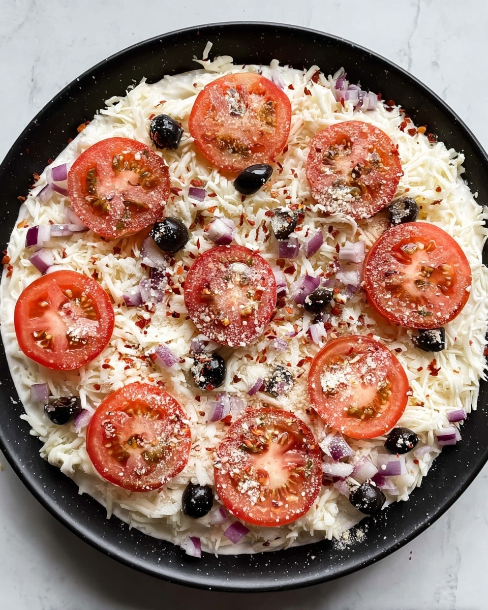 A round black plate holds a layered dish starting with a base layer covered by white shredded cheese spread all over. On top of the cheese, round slices of red tomato are evenly placed, each showing seeds and soft texture. Scattered around and between the tomatoes are small black olive slices and tiny pieces of purple onion. The entire dish is sprinkled with a fine white powder that looks like grated cheese or seasoning, and some small red flakes are dispersed for extra color. The plate is set on a white marbled surface. Photo taken with an iphone --ar 4:5 --v 7